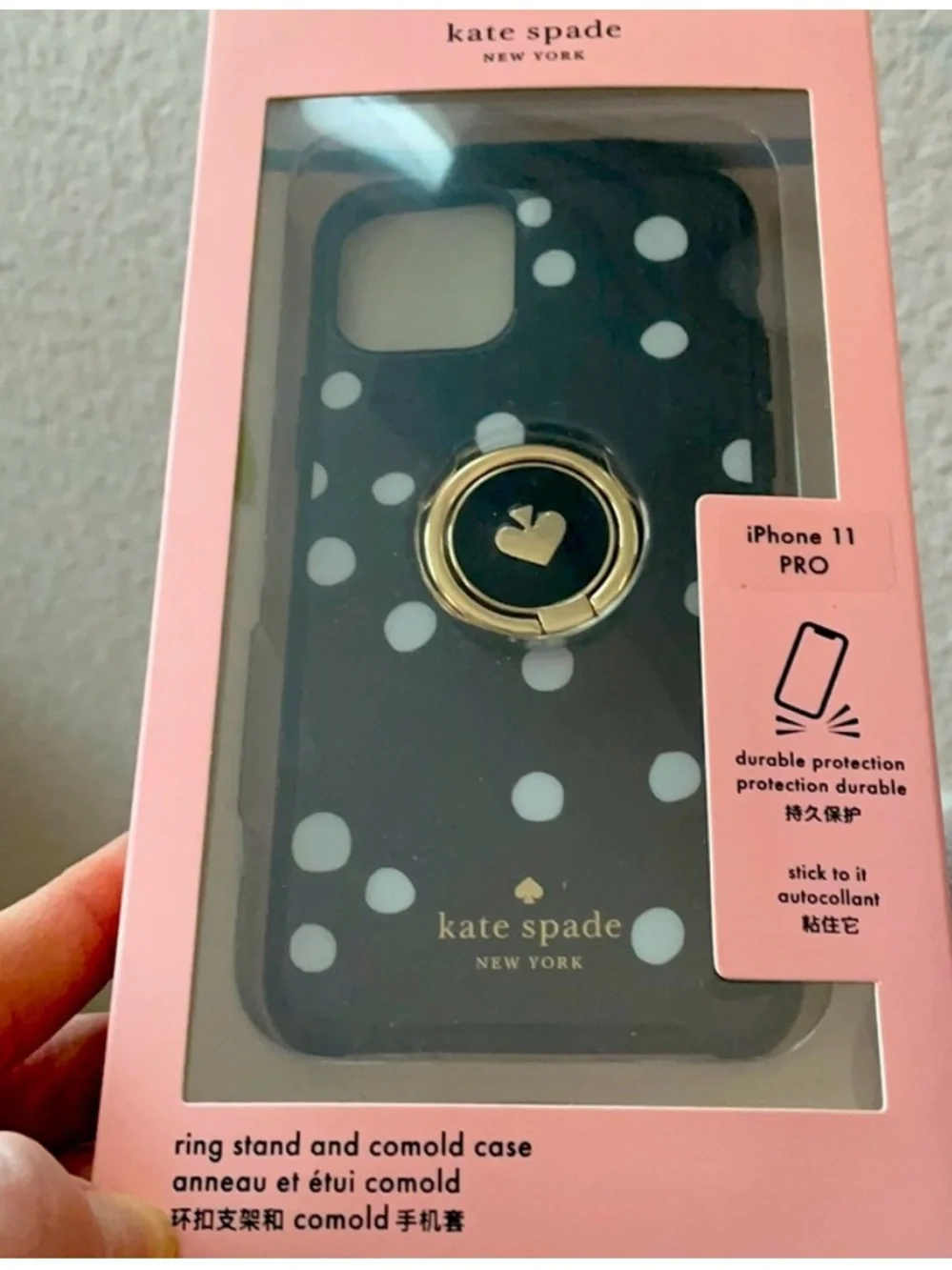 NWT Kate Spade 11 Pro Polka Dot iPhone Case Gold Ring Stand